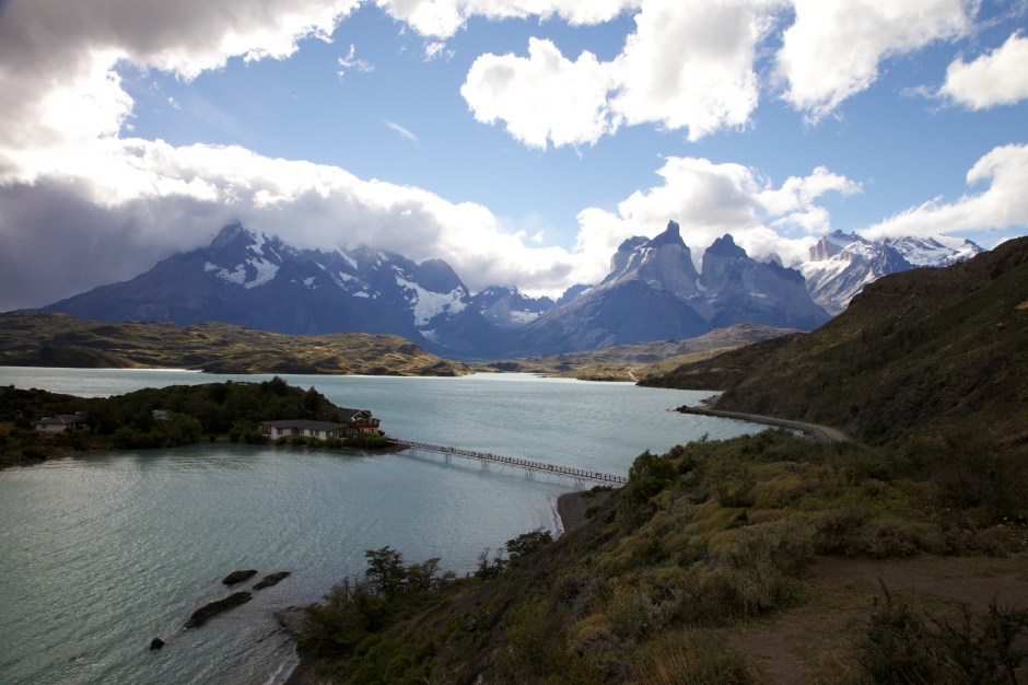 View of the main peaks of Torres del Paine, and the original park hotel