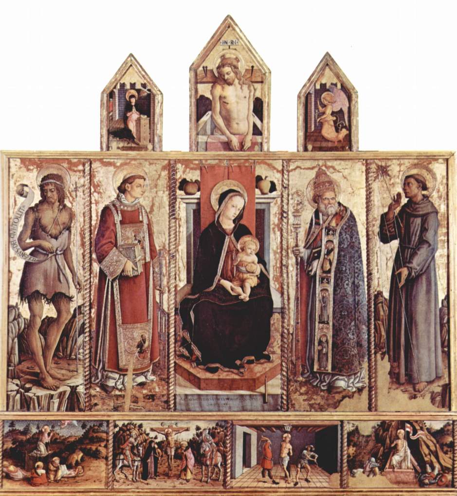 Carlo Crivelli, Madonna enthroned with the Child Jesus and Sts Francis, Sebastian, Laurence and John the Baptist, Church of San Lorenzo, Massa Fermana