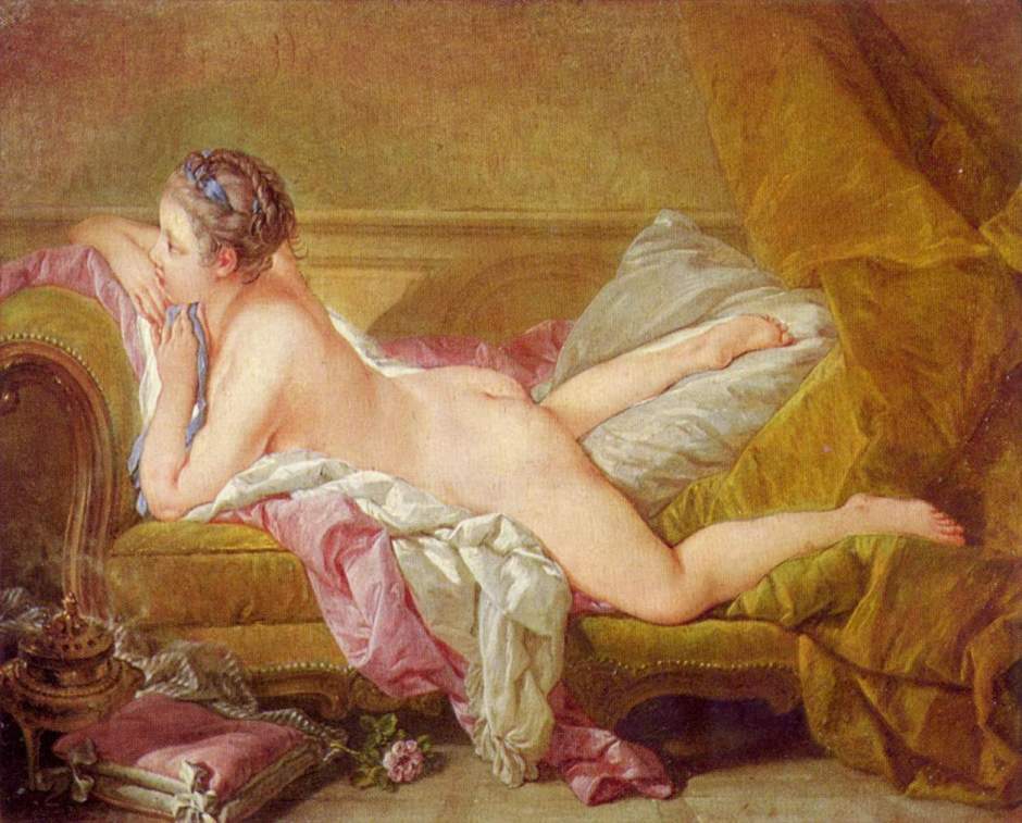 Louise O'Murphy by Francois Boucher, c.1752. O'Murphy was the daughter of an Irish officer in French service and became one of that younger mistresses of Louis XV. She was apparently introduced to the King after Casanova had a nude portrait of her painted and shown to the King. This picture was painted later but was apparently similar.