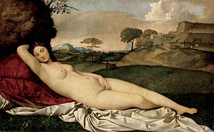 The Sleeping Venus (c.1510) by Giorgione. To quote Kenneth Clark "The Venus of Giorgioni is sleeping, without a thought for her nakedness ... but her outline forbids us to identify her as a Venus Naturalis. Compared to Titian's Venus of Urbino, who seems, at first, to closely resemble her, she is like a bud, wrapped in her sheath, each petal folded so firmly as to give us the feeling of inflexible purpose". This is perhaps the last celestial Venus.