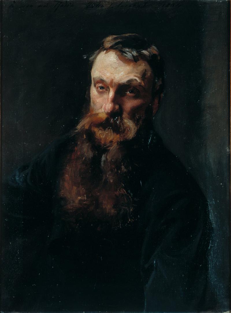 Auguste Rodin (1884) This picture was painted relatively soon after they first met in the early 1880s. The respect in which the subject is held is obvious. He is painted as a dark almost biblical figure with brooding eyes which are just beginning to blur with age. Nothing else in the picture is allowed to distract from a face which edges from the deep.