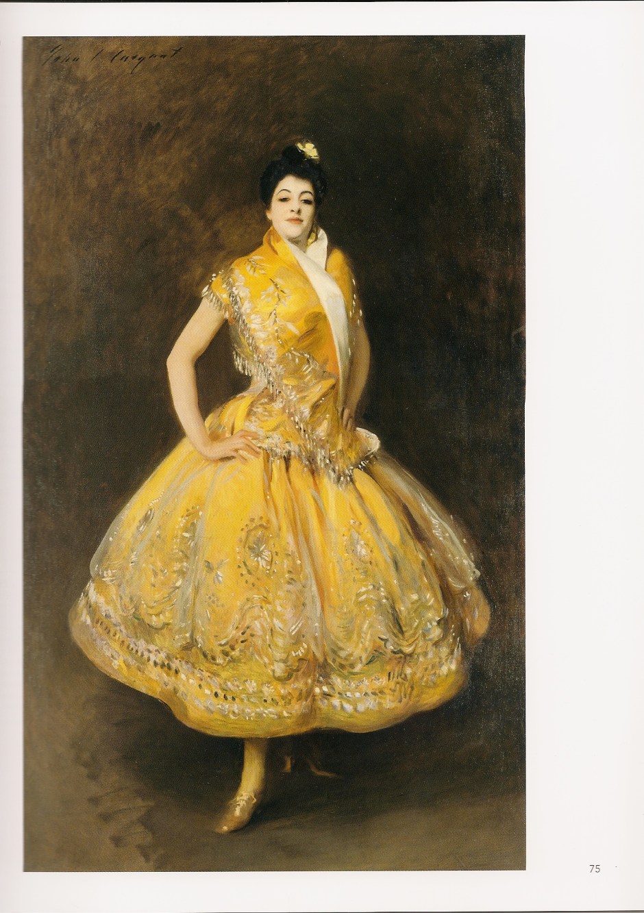 La Carmencita (1890) Sargent saw Carmencita in music hall in New York. He was very struck be the force of her presence and requested permission to paint her. The result is an enormous picture which fully captures her strength of personality. Her face is japanned, a white mask with dark lips and eyebrows. It makes Carmencita look proud, exotic and dangerous to know. It caused a sensation when exhibited with viewers seduced and repelled in equal measure. 