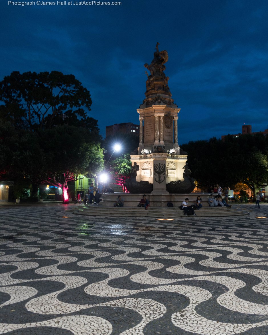 The central square of Manaus. The patterns formed by the tiles covering the square represent the meeting of the rivers to form the Amazon which happens here.